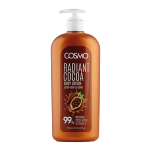 COSMO DESIGNS Radiant Cocoa Body Lotion 750ml, Natural Cocoa Butter and vitamin E, All Skin Types, Daily Moisturizer Care, For Men and Women لوشن الجسم بالكاكاو من كوزمو ديزاينز، 750 مل، زبدة الكاكاو الطبيعية وفيتامين هـ، مناسب لجميع أنواع البشرة، مرطب يومي، للرجال والنساء
